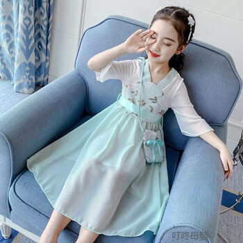 汉服女童连衣裙裙子大童女装中国风童装春夏装裙子12岁绿色荷包束腰