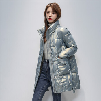 萱旎xuanni立领亮面羽绒服女士2021冬季中长款纯色白鸭绒加厚外套myfx