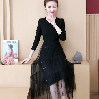 【女装新款】女装秋冬季简约针织裙子松紧腰打底拼接网纱连衣裙V领T恤 黑色【S1】 L 【95-110斤】