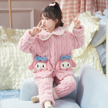 迪士尼女童睡衣秋冬季加厚珊瑚绒儿童法兰绒大童家居服套装32122童8码