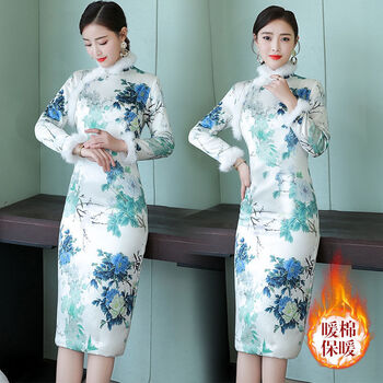 【连衣裙女秋冬款】旗袍冬款加厚改良旗袍连衣裙气质复古中国风女装裙 116 加绒保暖 M 可穿