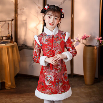 拜年服装儿童裙子加绒加厚中大童连衣裙汉服唐装小女孩过年衣服红色加