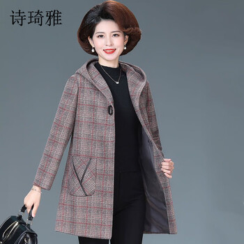 诗琦雅（SHIQIYA）妈妈装中老年人外套春秋装女呢子中长款气质洋气 YL923 红格 4XL
