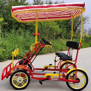 四轮单排双人双子自行车多人骑四轮含刹脚踏一体轮情侣两人骑观光高配