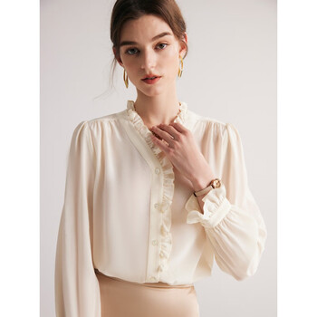 dk品牌女装桑蚕丝白色长袖衬衫女秋季真丝法式衬衣气质时尚减龄小衫米