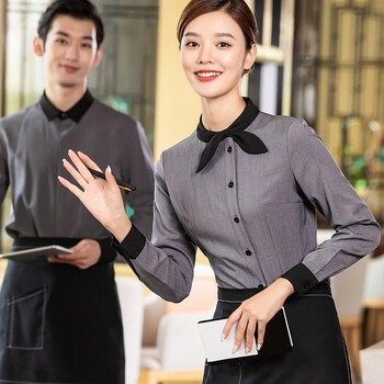 韩式餐厅烤肉服务员工作服长袖秋冬装 西餐厅奶茶蛋糕店前厅员工服装