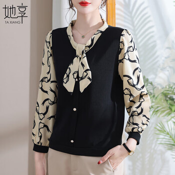 她享妈妈装秋装长袖T恤洋气雪纺拼接小衫中老年女装T233T2530