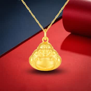 星诺菲老凤凰999足金双面弥勒佛项链女3d硬金挂坠黄金转运珠佛公吊坠
