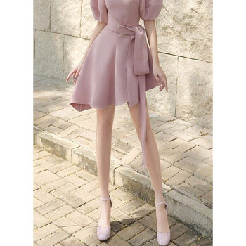 原创设计师女装女巫和骑士春装茱萸粉淡雅气质立体剪裁设计感连衣裙收腰裙子 粉色 S