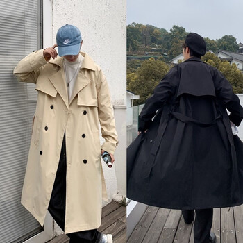 男秋冬季新款双排扣中长款过膝大衣港风束腰潮流百搭大码外套 米色