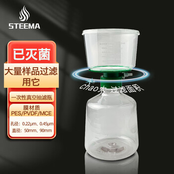 STEEMA斯蒂曼 一次性灭菌真空溶剂过滤器 50mm 0.22μm水系PES聚醚砜 容量250ml PS材质 实验室过滤装置 1个