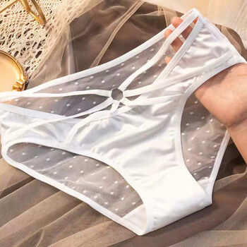 法式真丝内裤性感低腰镂空女士透明网纱交叉系带三角裤 白色 m码70