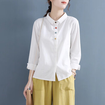 颜幻棉麻休闲衬衫女装翻领长袖品春秋女上衣纯棉打底纯色外套白色l