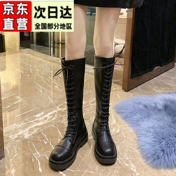 Ebruk Mare森马集团马丁靴女不过膝长靴女春秋季新款增高耐磨防滑高筒女靴 简约款-黑色 38