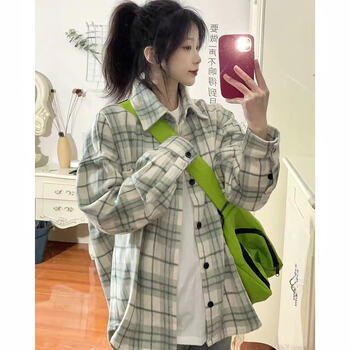 洋气2030岁韩版格子衬衫女薄款日系春夏宽松奶绿色格纹衫优质面料s