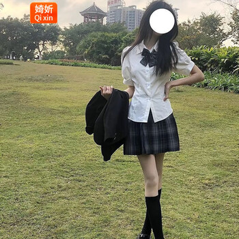 婍妡两件套jk制服套装甜辣衬衫上衣女短袖泡泡袖纯欲衬衣百褶裙 [套装]收腰衬衫+领结+百褶 S84-96