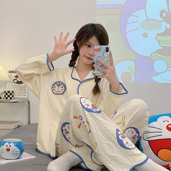 萧淑妃 春秋季款可爱卡通纯棉开衫睡衣甜美ins风少女学生长袖家居服套装 哆啦A梦 L