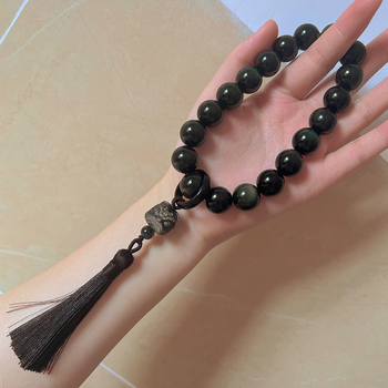 金银黑曜石醒狮手持女男文玩18颗十八子手串16mm银曜石手持