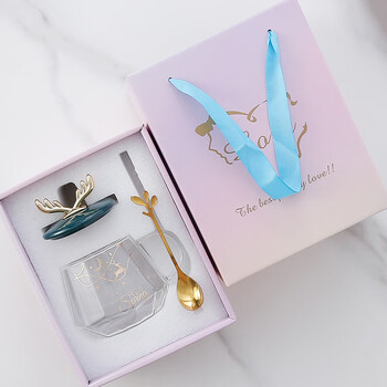 阿布熊设计感高颜值马克杯带盖勺耐热玻璃杯子女生水杯办公室咖啡花