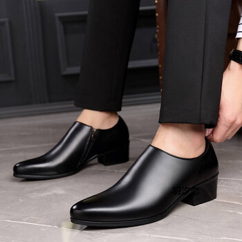 潮流男鞋侧拉链正装皮鞋男士高跟鞋真皮商务英伦尖头男款增高鞋子黑色