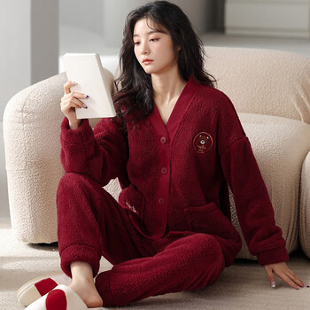零度e族加厚情侣珊瑚绒睡衣女冬季领红色结婚新婚本命年男士家居服