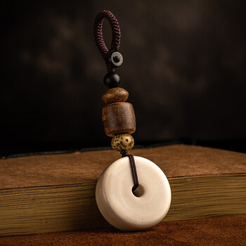 轩野 猛犸象牙平安扣钥匙挂件天然冰料男士沉香木女猛犸牙钥匙扣 不