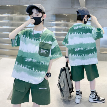 迪士尼（Disney）男童套装夏装2024新款潮帅气时髦儿童短袖t恤两件套男孩夏季童装 绿 160cm