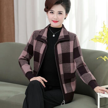宛杉奕妈妈装秋冬外套加厚格子夹克上衣服中老年时尚大码女装拉链短