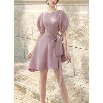 原创设计师女装女巫和骑士春装茱萸粉淡雅气质立体剪裁设计感连衣裙收腰裙子 粉色 S