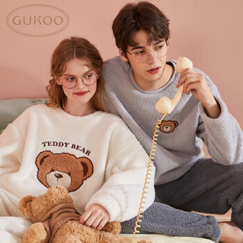 果壳（Gukoo）家居服女泰迪熊半边绒睡衣女秋冬女士保暖睡衣套装家居服米粒绒 泰迪熊女套装 XL