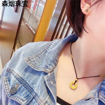 扣足金硬金吊坠编织项链红黑绳男女情侣送男女友平安扣金珠黑绳加金线