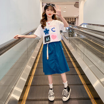 迪弟尼儿童夏季童装女童套装新款10岁女孩衣服中大童短袖花朵裙子两件