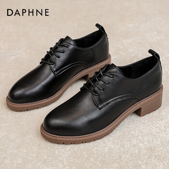 达芙妮英伦风小皮鞋女春秋2022款系带皮鞋女黑色粗跟皮单鞋女鞋黑色40