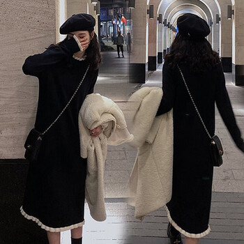 【连衣裙女秋冬款】女装秋冬韩版宽松女装潮流外穿木耳边连衣裙搭配 黑色 L