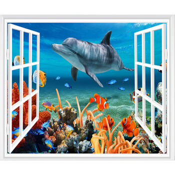 3d仿真立体假窗户壁画装饰画墙贴自粘风景电视背景客厅卧室 海底世界