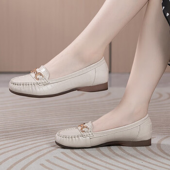 意尔康潮牌真皮浅口单鞋豆豆鞋女2024春季舒适圆头平底软底妈m妈鞋米