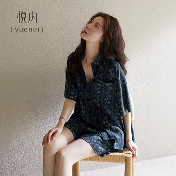 悦内老钱风睡衣女夏季夏款短袖短裤纯棉家居服休闲时尚可外穿衬衫套装 23151青石蓝 L (165) 【体重110-120斤】
