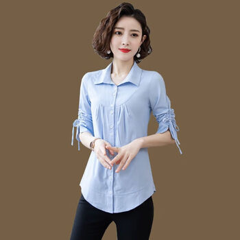 恺吉锐夏季衬衫女七分袖女士衬衣中袖韩版燕尾服上衣中长款百搭夏装