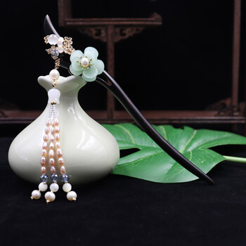 古风珍珠碧玉黑檀木发簪手工复古汉服流苏步摇头饰古装旗袍盘发配饰