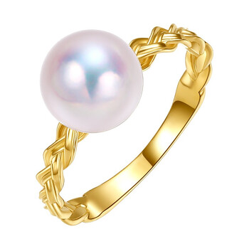 仙蒂瑞拉精致18k金8mm日本akoya海水珍珠戒指女戒14