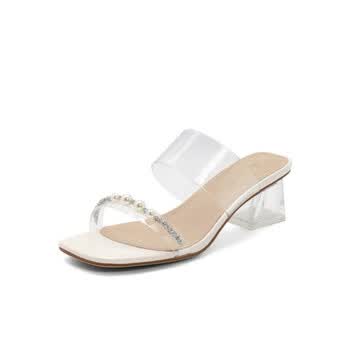 百丽belle优雅粗跟一字带拖鞋女2024夏季新款鞋子透明高跟拖鞋米白35