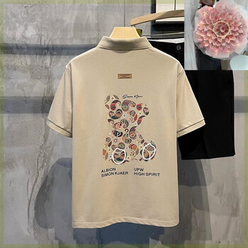 珂纷小志轻奢夏季后背小熊印花小熊印花polo衫复古短袖米白色m100125