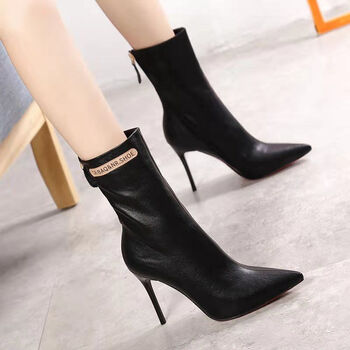 颂律绒面高跟短靴女2021新款秋时尚百搭尖头细跟弹力瘦瘦靴女中筒靴乔