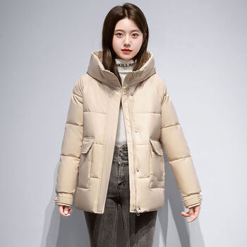 羽绒服女冬季新款显瘦短款连帽韩版白鸭绒时尚保暖外套潮加厚米白l码