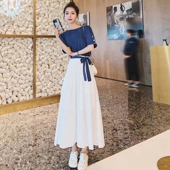 婧瑜法式复古连衣裙假两件女2023夏季新款设计感小众气质女神范桔梗裙 蓝拼白 L（115斤-125斤）