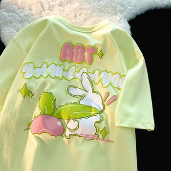 z复古趣味兔子发泡印花t恤男女宽松ins设计感小众情侣短袖黄绿色xl