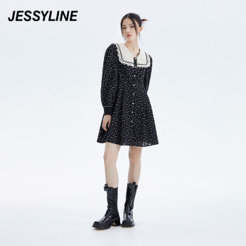 Jessy line秋季专柜款 杰茜莱黑色娃娃领连衣裙女 231211039 黑色 XS/155