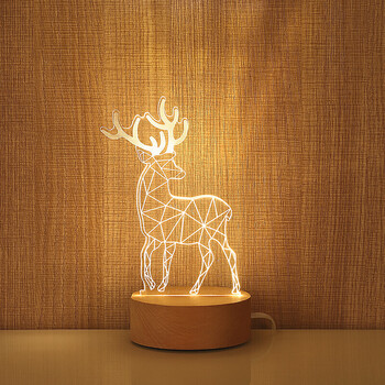 创意3d小夜灯led床头灯台灯usb卧室实木插电女生生日圣诞礼物麋鹿三色