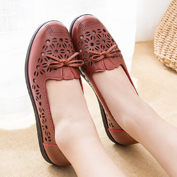 aderocean夏季镂空中老年鞋单鞋平底洞洞凉鞋软底老人皮鞋工作女鞋