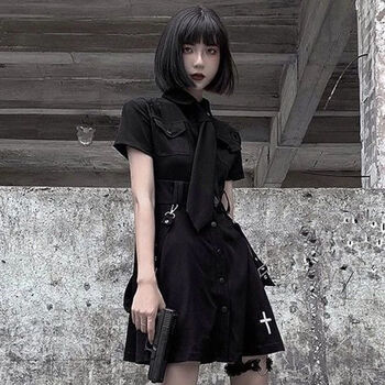zkhe暗黑风jk制服哥特风工装暗黑连衣裙女学院风jk制服丧系街头原宿衬